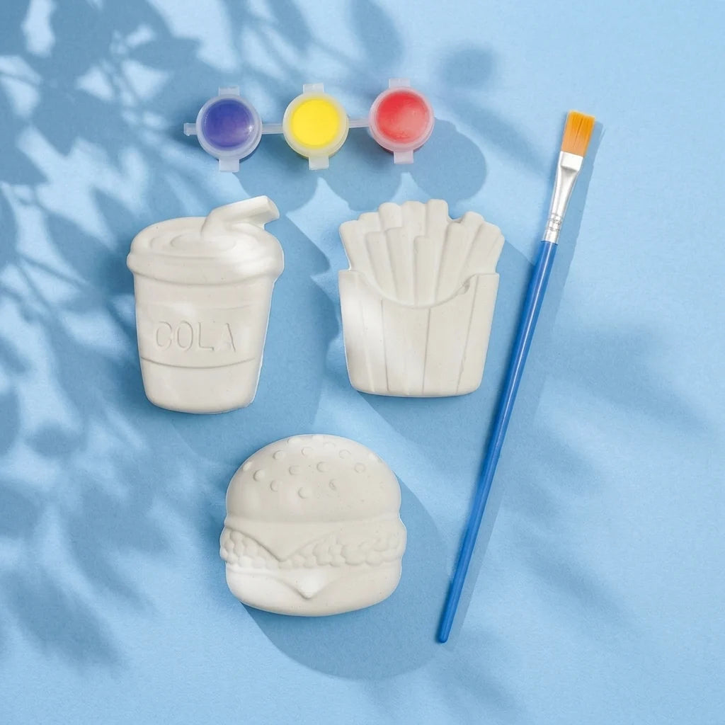 Fast food Plaster of Paris painting set — cola cup, fries and burger figures with paint pots and brush